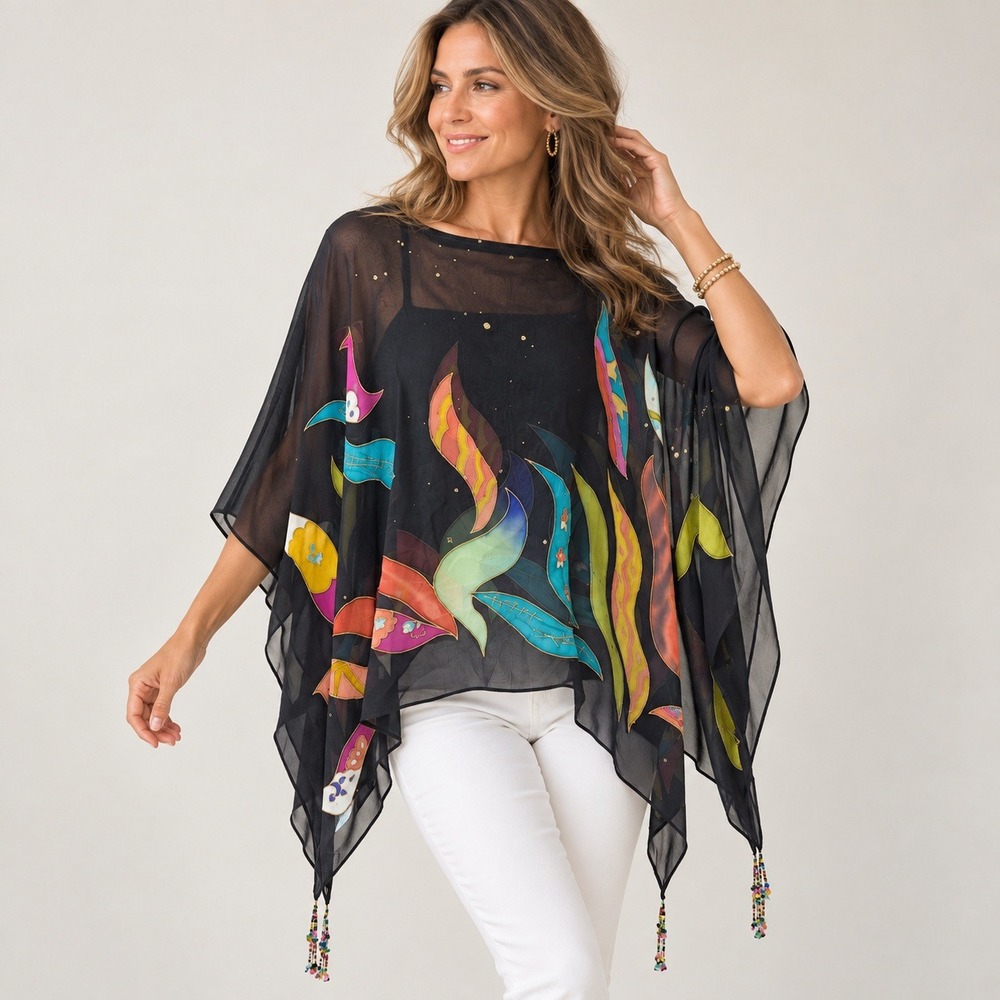 Chiffon Poncho Batik Sheer Black Floral Beaded Tassel Top Colorful Whimsical